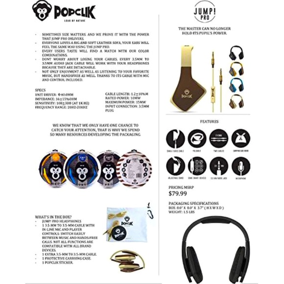 PopClik Jump! Pro Headphones in Cream 40 mm Neodymium Magnet Driver Over... - Picture 3 of 5